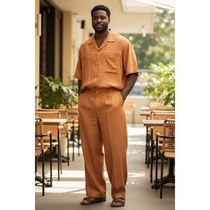 STEVE HARVEY Celebrity Edition Mens Orange Linen Blend Camp Shirt Pants Set 3X